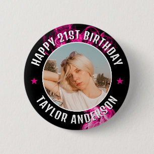 Gefeliciteerd Verjaardag Aangepaste Foto Roze Rook Ronde Button 5,7 Cm
