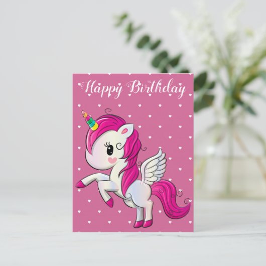 Gefeliciteerd verjaardag, eenhoorn en harten, op m briefkaart (Staand voorkant)