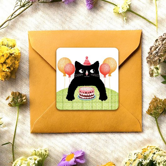 Gefeliciteerd verjaardag kat, cake en ballonnen St Vierkante Sticker