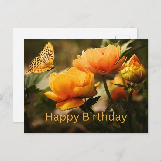 Gefeliciteerd Verjaardag Mooie Gele Bloemen, Vlind Briefkaart (Voorkant / Achterkant)