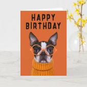 Gefeliciteerd verjaardag | Oranje Boston Terrier Kaart (Gele Bloem)