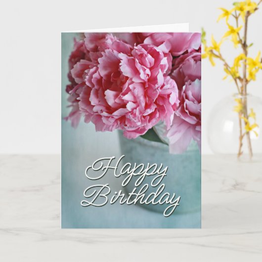 Gefeliciteerd verjaardag | Pioenrozen op tafel Kaart (Gele Bloem)