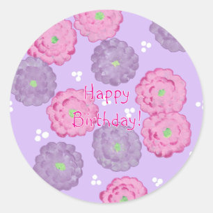 Gefeliciteerd verjaardag, roze en paarse bloemenst ronde sticker