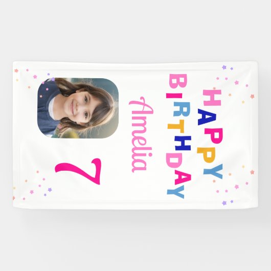 Gefeliciteerd Verjaardag Roze Sterren Meisje Foto Spandoek (Horizontaal)