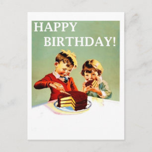 Gefeliciteerd verjaardag, twee kinderen eten taart briefkaart