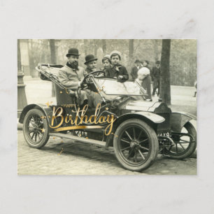 Gefeliciteerd Verjaardag Vintage Oude Auto en Mens Briefkaart