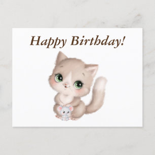 Gefeliciteerd Verjaardag Watercolor Kitten en Muis Briefkaart