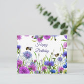 Gefeliciteerd Verjaardag Waterverf Paarse, Blauwe Briefkaart (Staand voorkant)