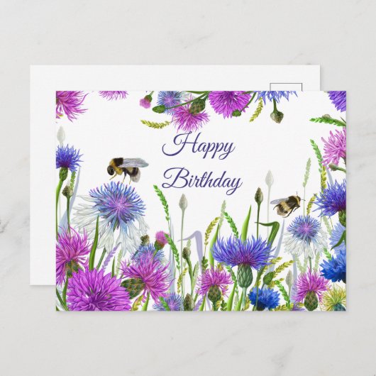 Gefeliciteerd Verjaardag Waterverf Paarse, Blauwe Briefkaart (Voorkant / Achterkant)