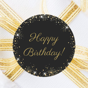 Gefeliciteerd Verjaardag Zwart Goud Glitter Ronde Sticker