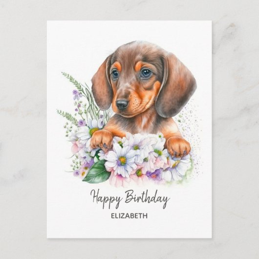 Gefeliciteerd | Waterverf Dachshund en Bloemen Briefkaart (Voorkant)