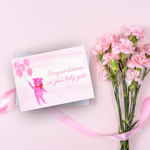 Gefeliciteerd Waterverf Pink Teddy Bear Girl Kaart