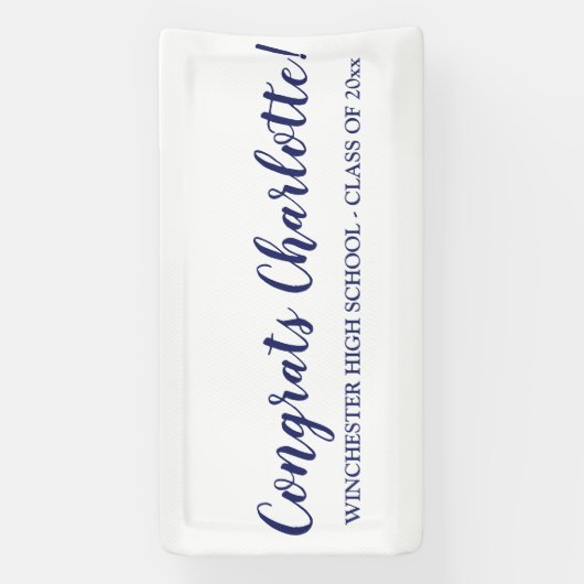 Gefeliciteerd wit navy aangepaste script naam afst spandoek (Verticaal)
