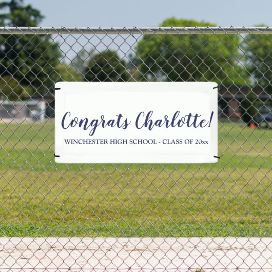 Gefeliciteerd wit navy aangepaste script naam afst spandoek (Insitu)