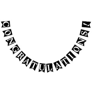 Gefeliciteerd, witte tekst op zwart vlaggetjes