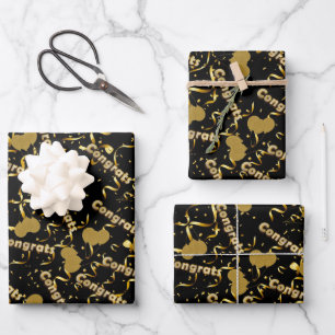 Gefeliciteerd Zwart Goud Confetti Ballons Celebrat Inpakpapier Vel