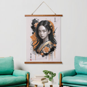 Gefluister van de Geisha-bloem: Aziatische Gouden Hangend Wandkleed