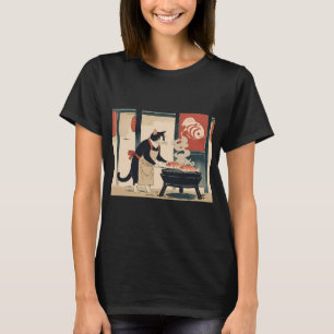 Gefocuste Kat Grill Meester – Ukiyo-e Stijl Geroos T-shirt