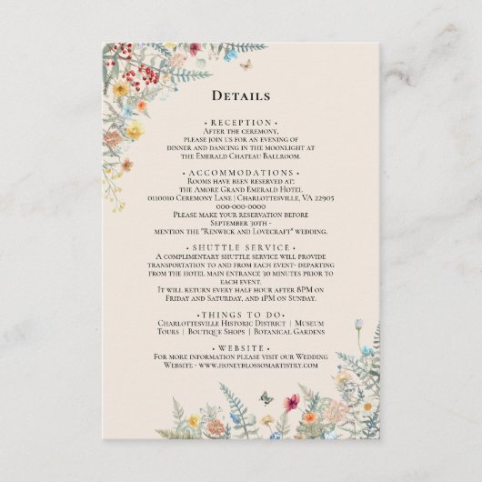 Gegevens eenvoudige Wildflower Fern Weddenschap Informatiekaartje (Voorkant)