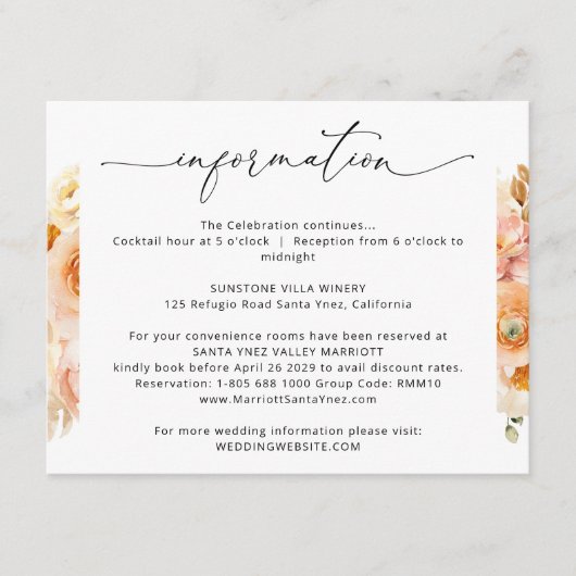 Gegevens over het huwelijk met elegante peach, huw informatiekaartje (Voorkant)