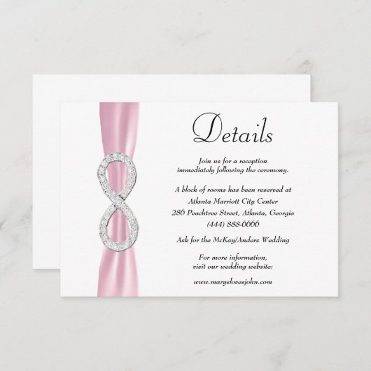 Gegevens over het roze ribbon Diamond Infinity Wed Informatiekaartje (Voorkant / Achterkant)