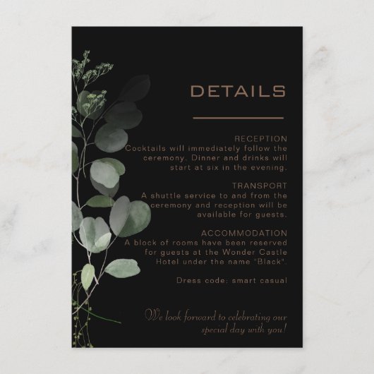 Gegevens over het zwarte formele minimale eucalypt informatiekaartje (Voorkant)