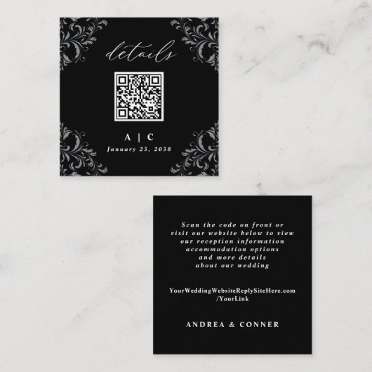 Gegevens over legant zwart-wit QR-code bruiloft Informatiekaartje (Voorkant / Achterkant)