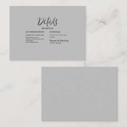 Gegevens over moderne zwarte en grijze bruiloft informatiekaartje (Voorkant / Achterkant)