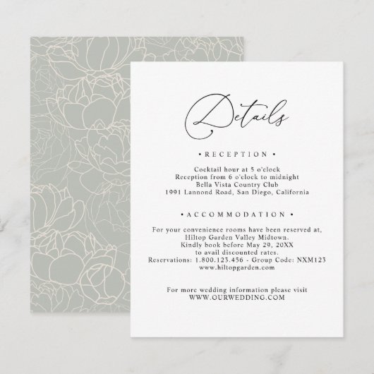 Gegevens zwart-wit elegant script informatiekaartje (Voorkant / Achterkant)