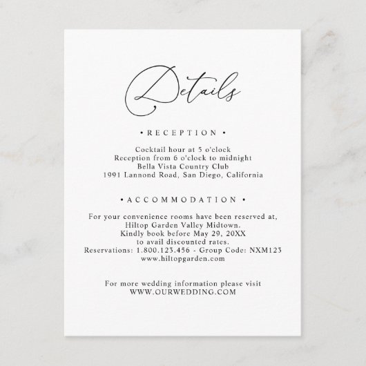 Gegevens zwart-wit elegant script informatiekaartje (Voorkant)