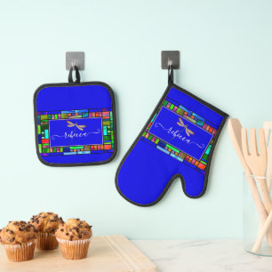 Geglazuurd glas en libel gepersonaliseerde keuken ovenwant & pannenlap set