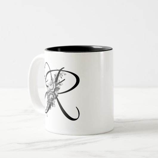 Gegraveerd bloemmonogram tweekleurige koffiemok (Voorkant links)