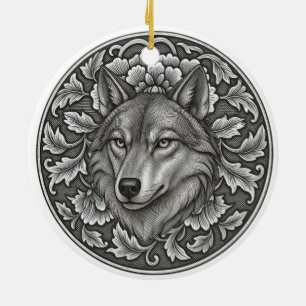Gegraveerd bloemmotief met wolfskop in vintage sti keramisch ornament