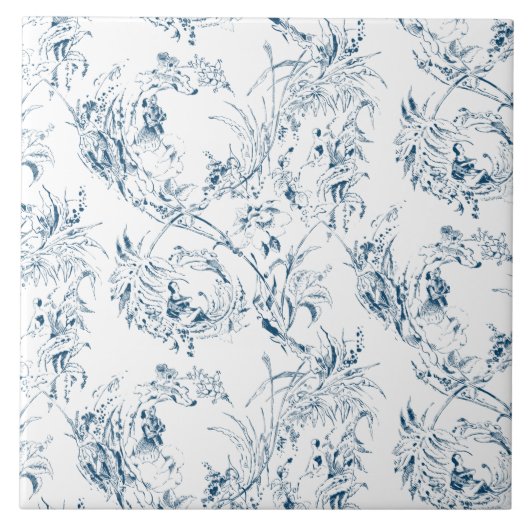 gegraveerd Frans Floral Fantasy Toile-Blue Tegeltje (Voorkant)