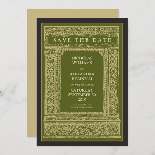 gegraveerd Lijst Bewaar de datum (olijf/goud) Save The Date (Voorkant / Achterkant)