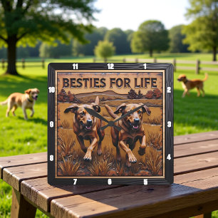 Gegraveerd paar honden rennend veld vierkante klok