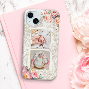 Gegraveerd Roze Waterverf Girly Bloemen Twee-foto iPhone 15 Mini Hoesje