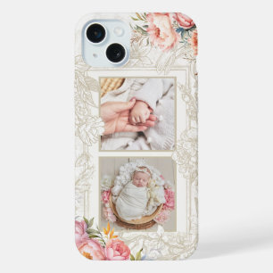 Gegraveerd Roze Waterverf Girly Bloemen Twee-foto iPhone 15 Plus Case