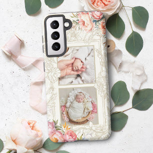 Gegraveerd Roze Waterverf Girly Bloemen Twee-foto Samsung Galaxy Hoesje