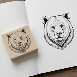 Gegraveerde berenkop houten kunststempel 	rubberstempel