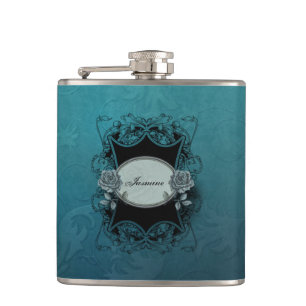 gegraveerde blauwe damast heupfles