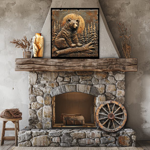 Gegraveerde houten beer dennenbomen ondergaande zo poster