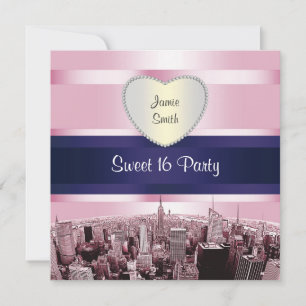 Gegraveerde NYC-sylhouet 2P Roze Blauwe Lint H Swe Kaart