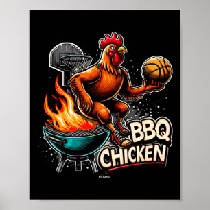 Gegrilde Bbq Kip Speelt Vlammend Basketbal Poster