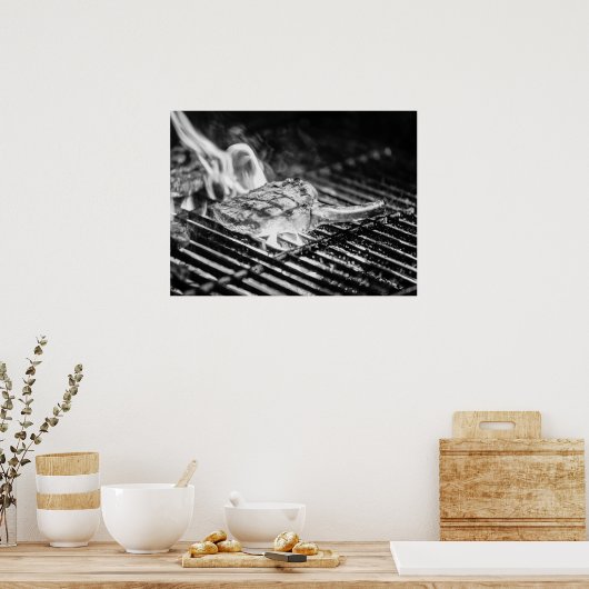 Gegrilde Tomahawk Steak op Flaming BBQ Grill Poster (Keuken)