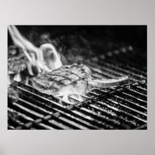 Gegrilde Tomahawk Steak op Flaming BBQ Grill Poster