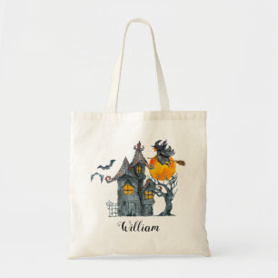 Gehakt huis, spookachtige bomen en heks Halloween Tote Bag
