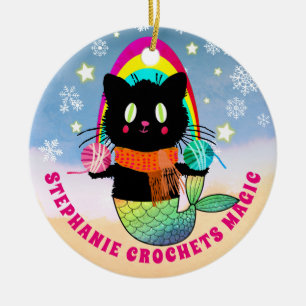 Gehakte magische gepersonaliseerde zeemeermin kat keramisch ornament