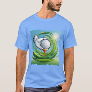 Gehandschoende hand plaatst een golfbal t-shirt