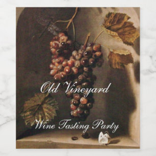 GEHANGDE GRAPES IN ANTIEK WALL NICHE EN BUTTERFLES WIJN ETIKET